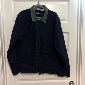 VINTAGE Mighty Mac Men's Navy Jacket with Green Collar